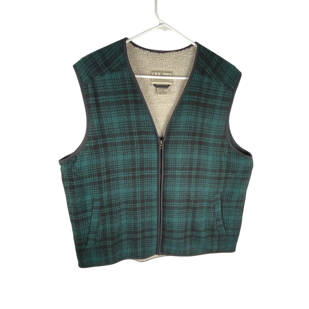L.L.Bean Vest Mens Large Green Plaid Wool Sherpa Lined Full Zip Outdoor